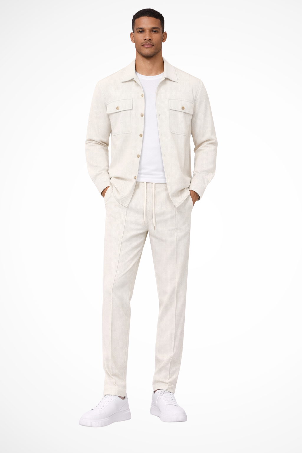 Men Long Sleeve Chest Pocket Overshirt and Straight Leg Trousers Set