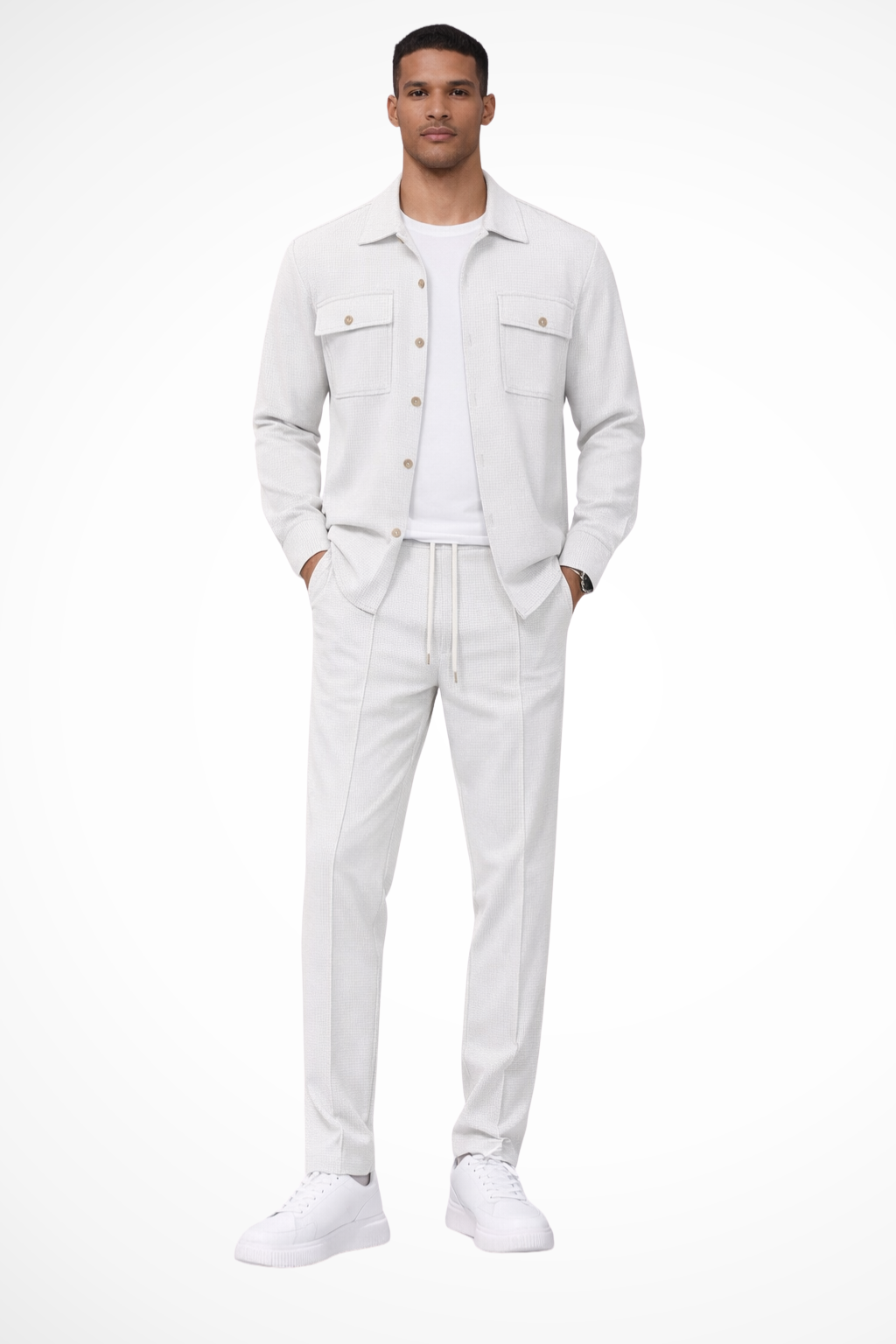 Men Long Sleeve Chest Pocket Overshirt and Straight Leg Trousers Set