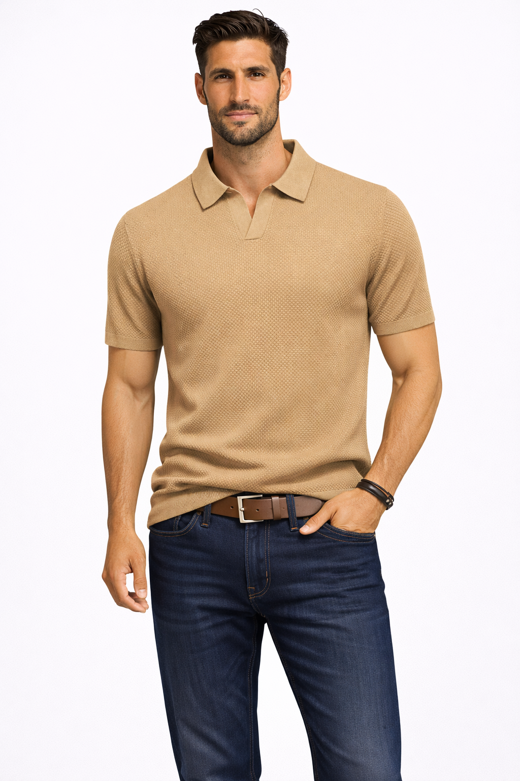 Men Textured Knit Short Sleeve Polo Shirt