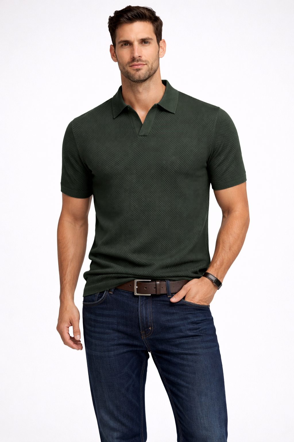 Men Textured Knit Short Sleeve Polo Shirt
