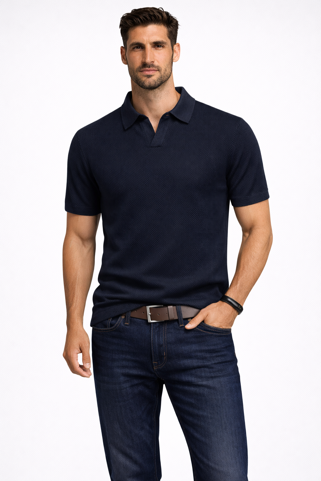 Men Textured Knit Short Sleeve Polo Shirt