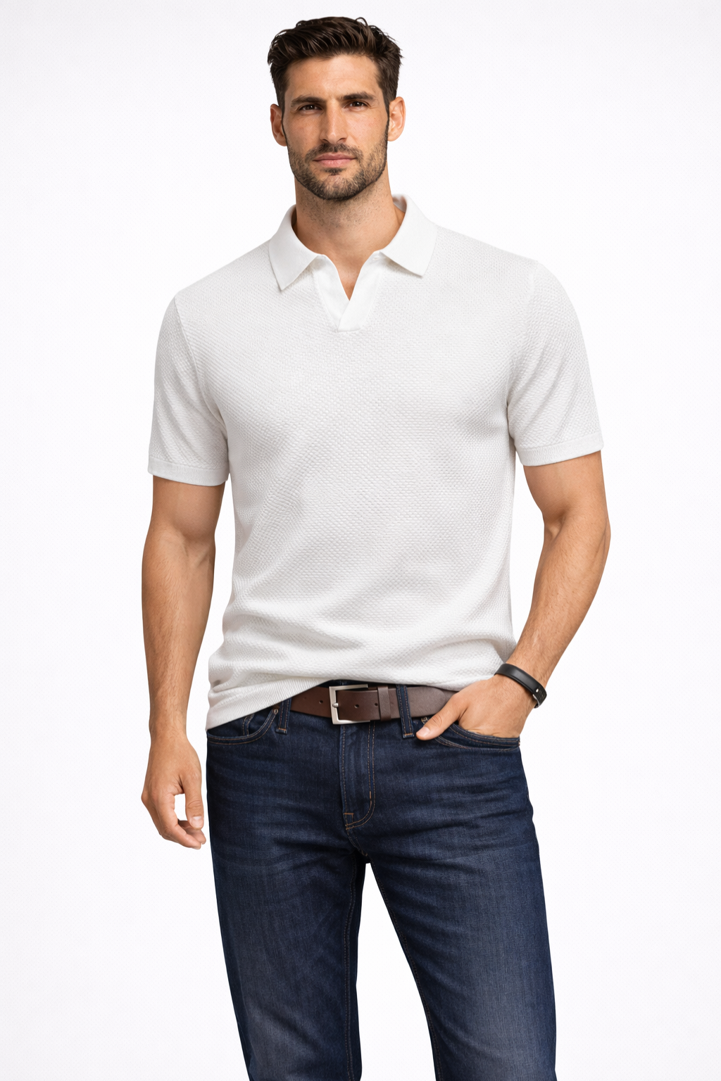 Men Textured Knit Short Sleeve Polo Shirt