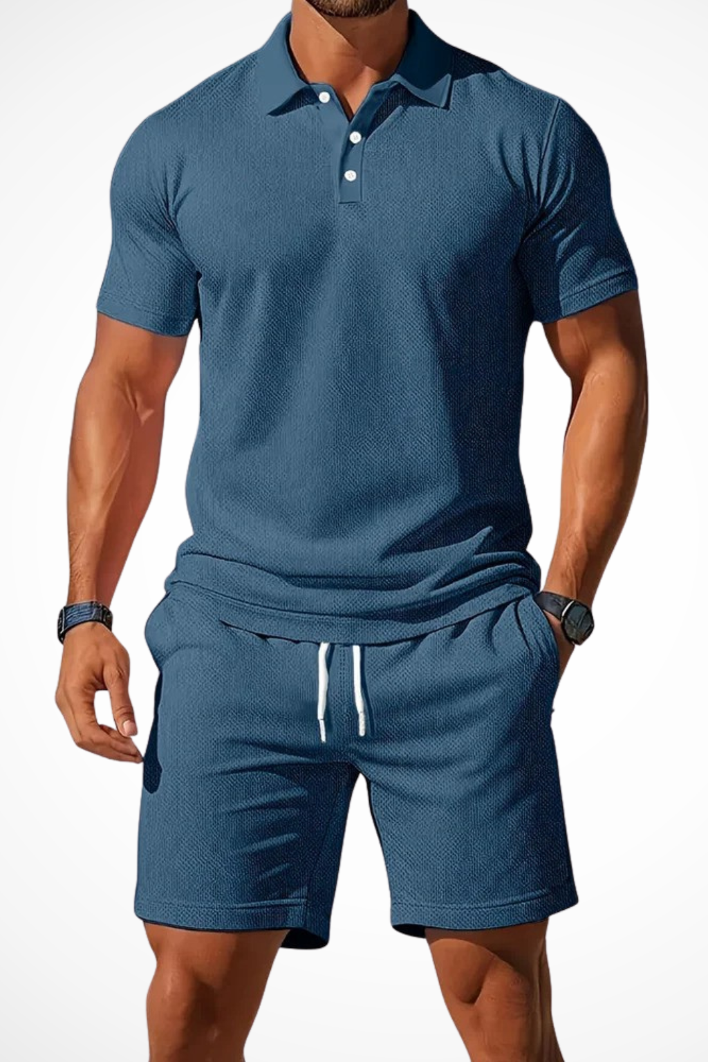 Men Textured Polo and Shorts Summer Set