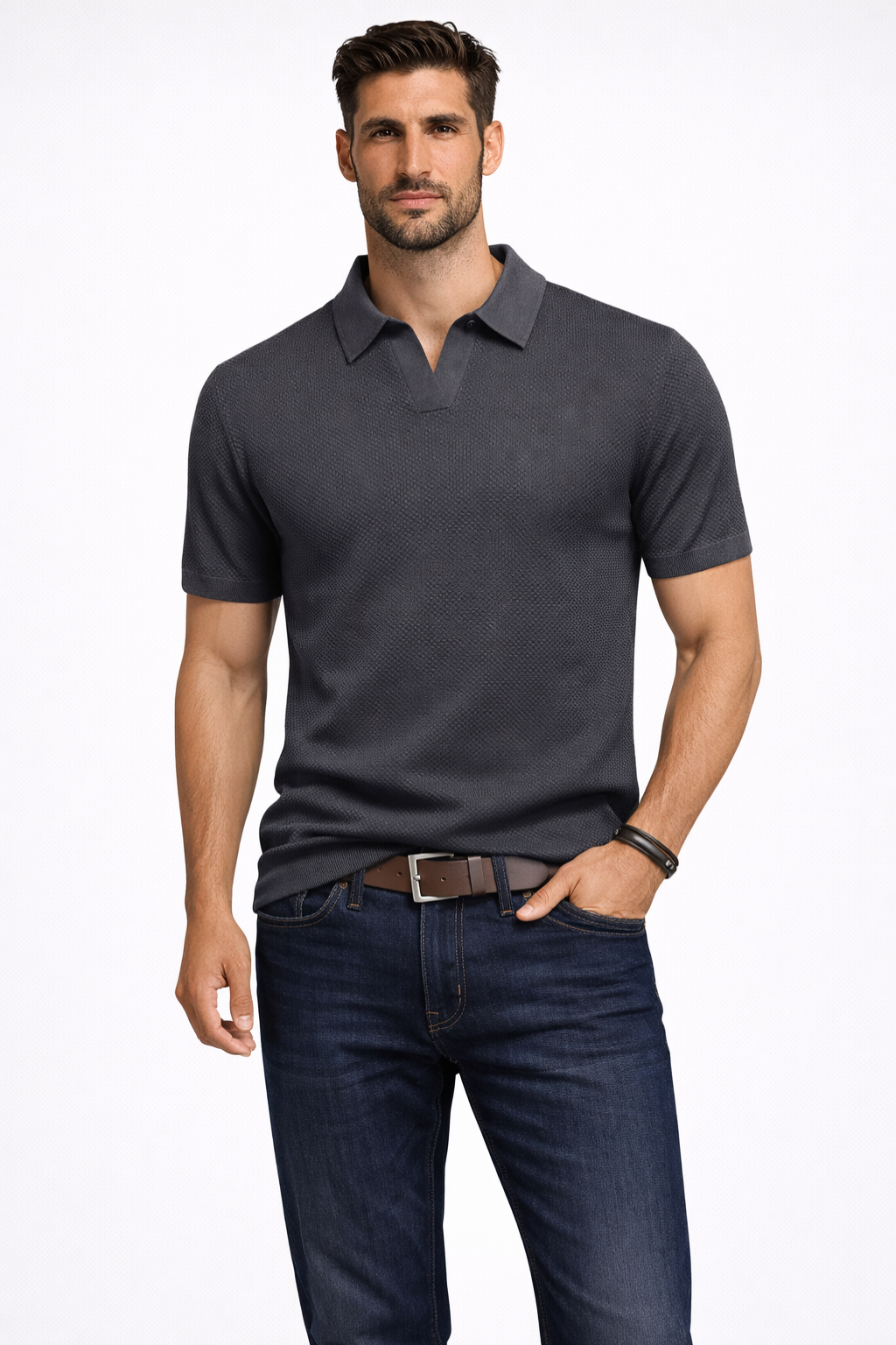 Men Textured Knit Short Sleeve Polo Shirt