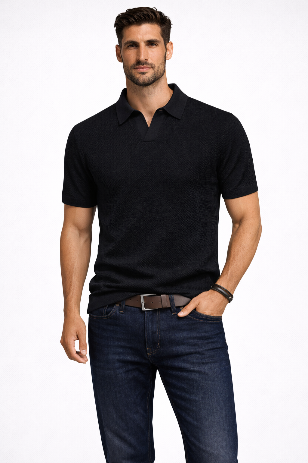 Men Textured Knit Short Sleeve Polo Shirt