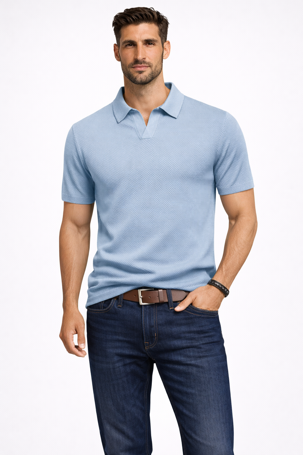 Men Textured Knit Short Sleeve Polo Shirt