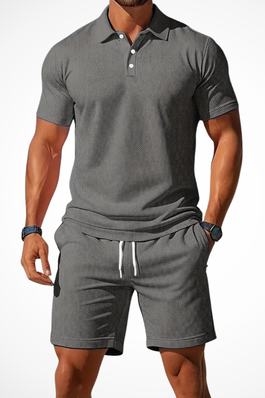 Men Textured Polo and Shorts Summer Set