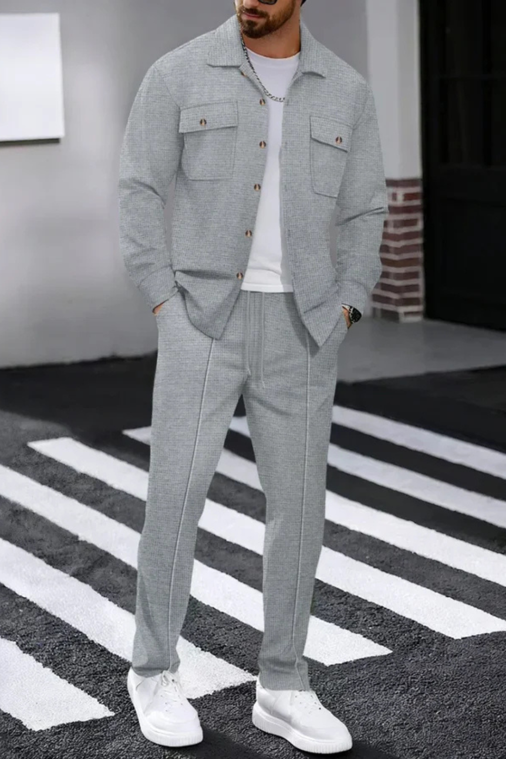 Men Long Sleeve Chest Pocket Overshirt and Straight Leg Trousers Set