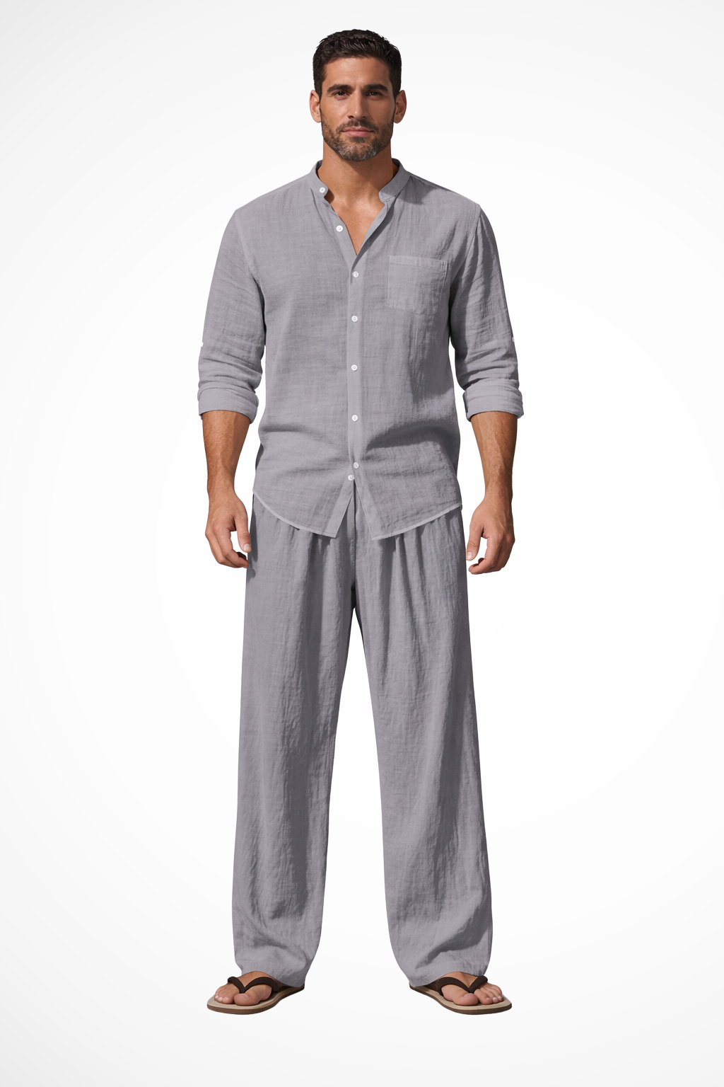 Men Grandad Collar Long Sleeve Linen Shirt and Straight Leg Trousers Set