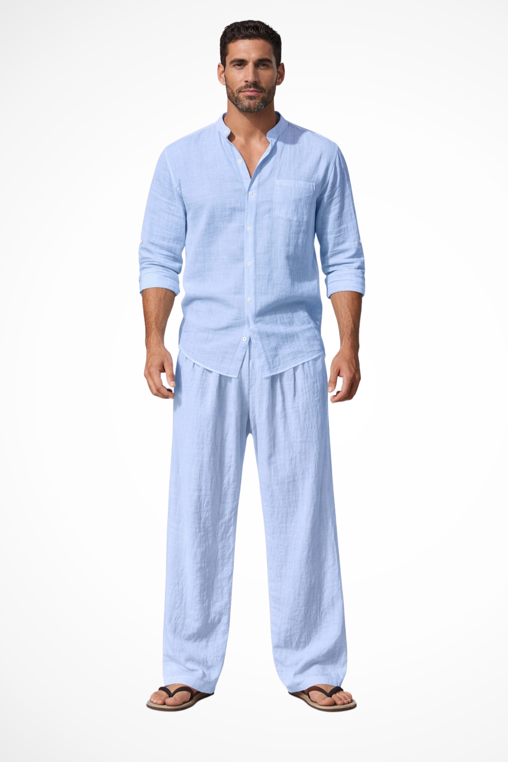 Men Grandad Collar Long Sleeve Linen Shirt and Straight Leg Trousers Set