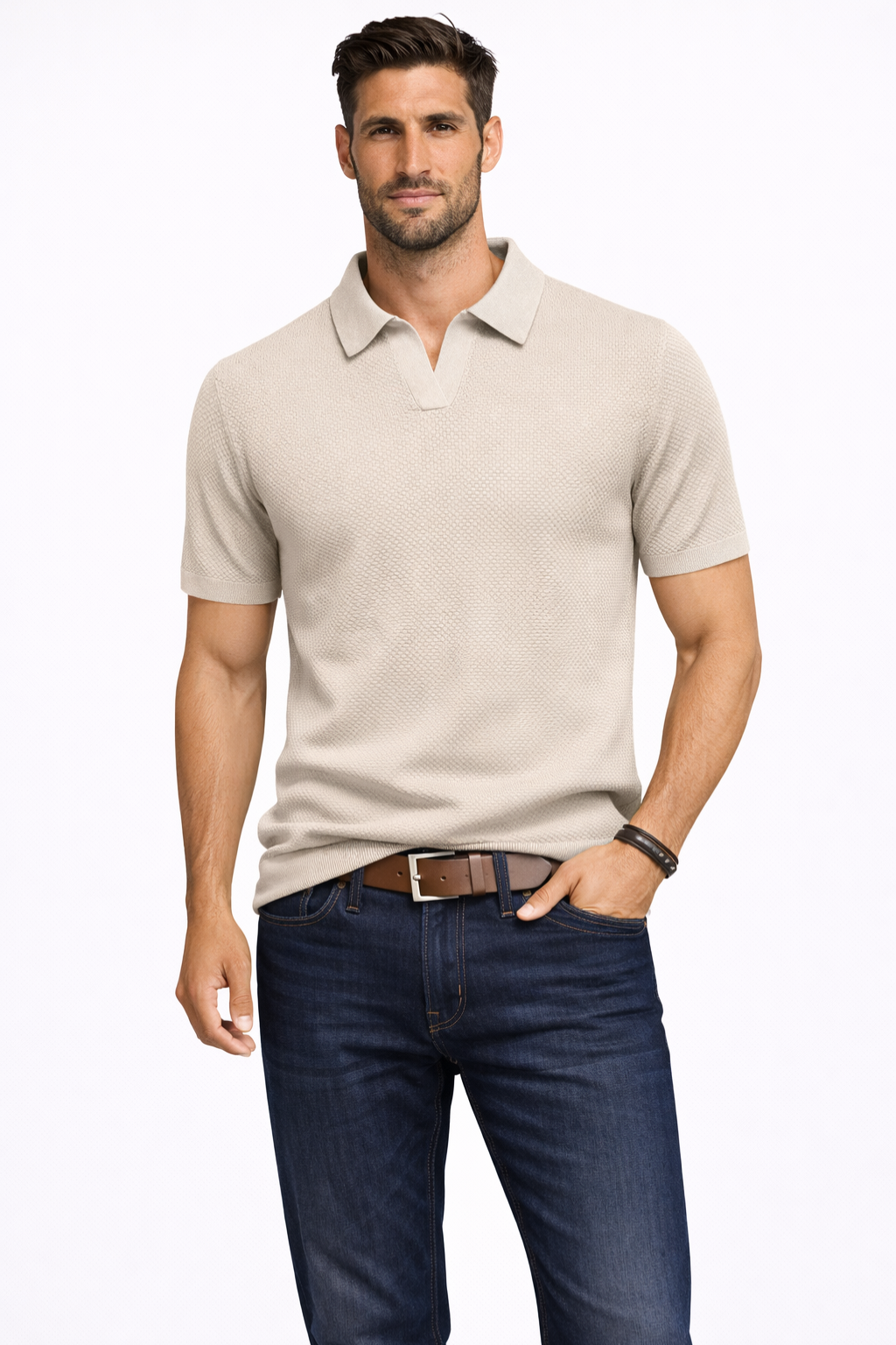 Men Textured Knit Short Sleeve Polo Shirt