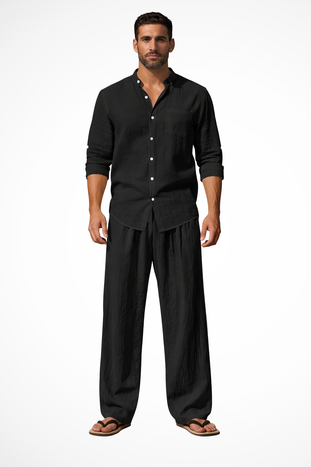 Men Grandad Collar Long Sleeve Linen Shirt and Straight Leg Trousers Set