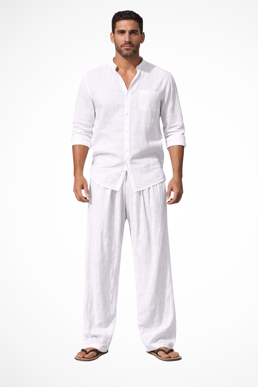 Men Grandad Collar Long Sleeve Linen Shirt and Straight Leg Trousers Set