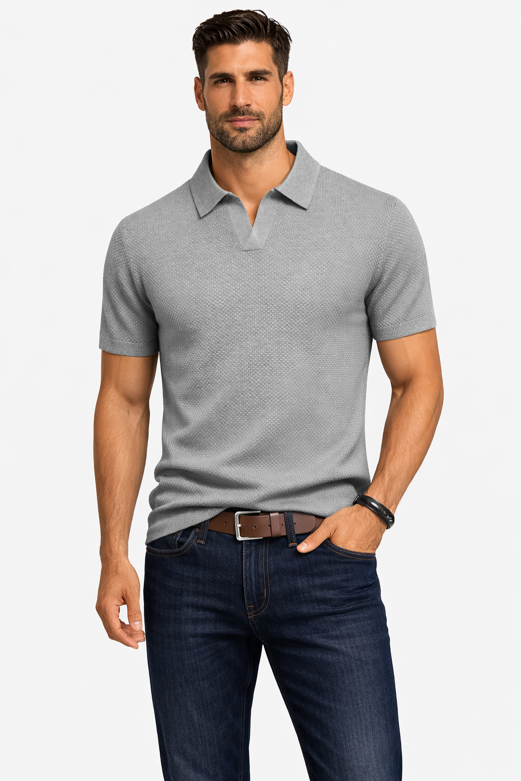 Men Textured Knit Short Sleeve Polo Shirt