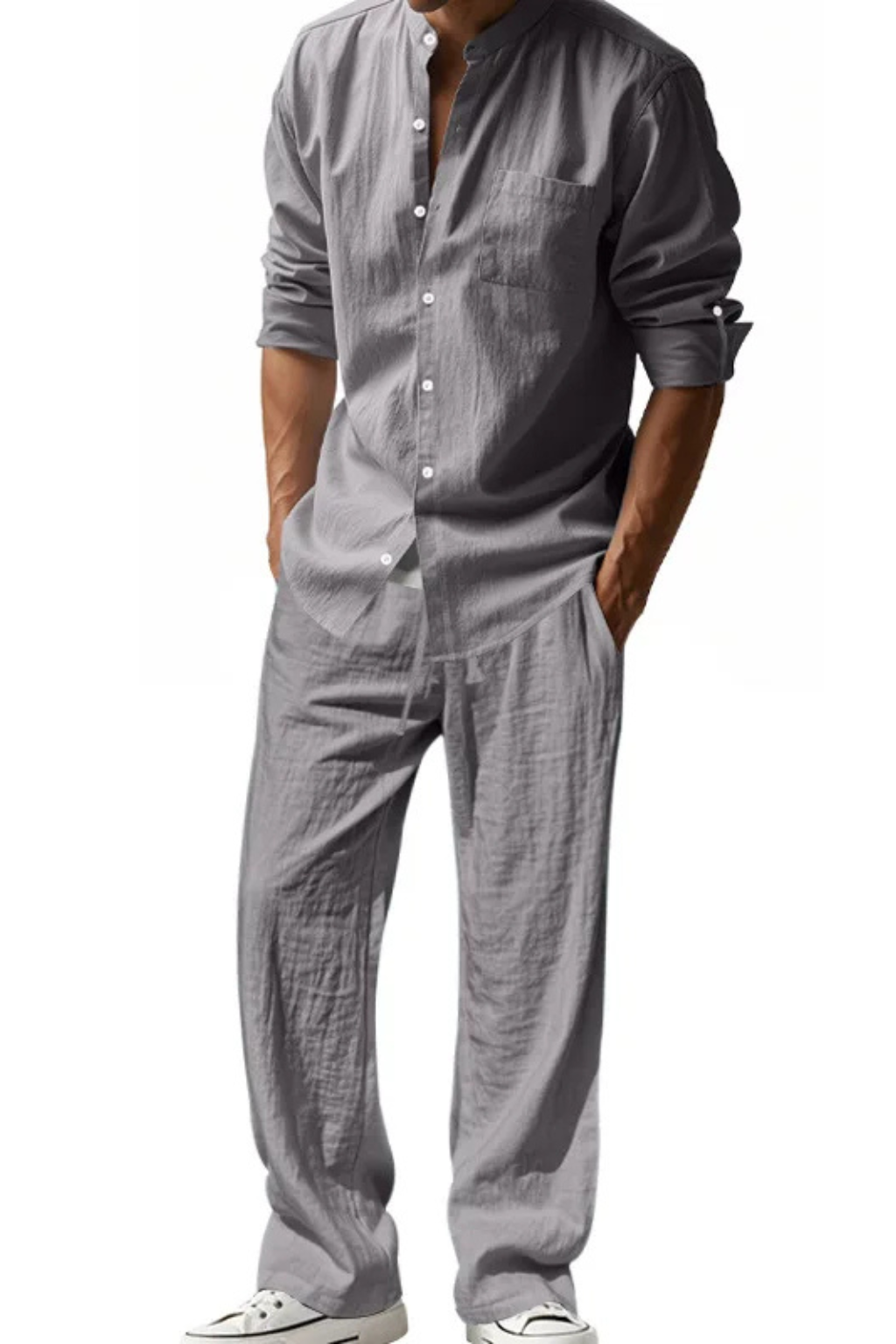 Men Grandad Collar Long Sleeve Linen Shirt and Straight Leg Trousers Set