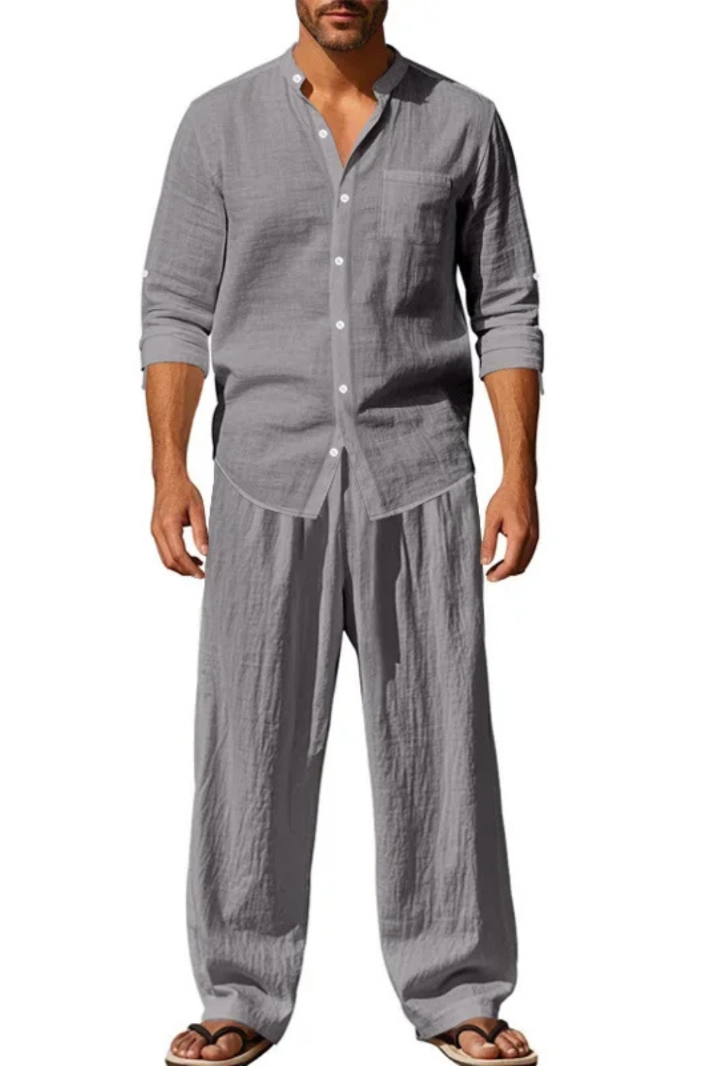 Men Grandad Collar Long Sleeve Linen Shirt and Straight Leg Trousers Set