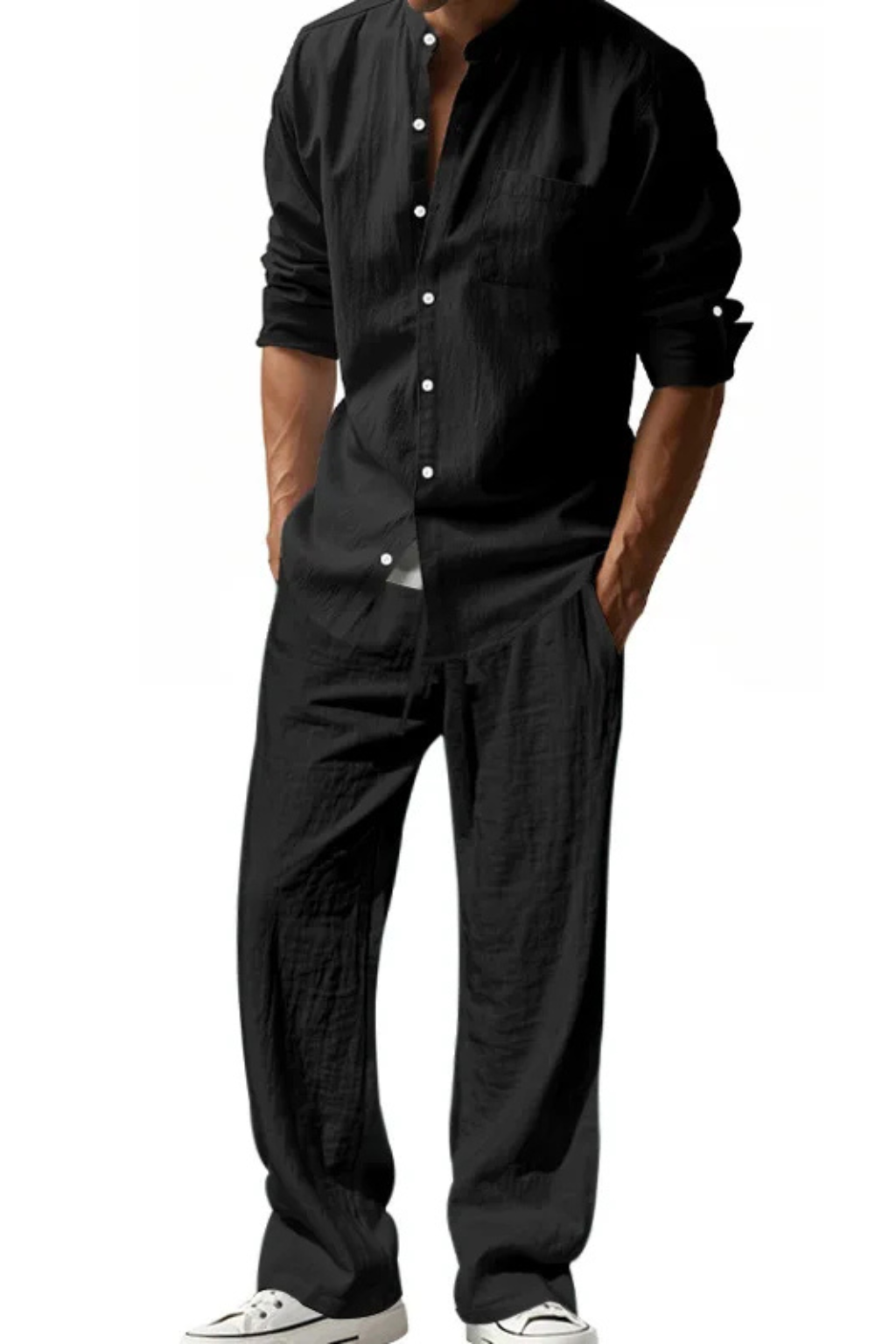 Men Grandad Collar Long Sleeve Linen Shirt and Straight Leg Trousers Set