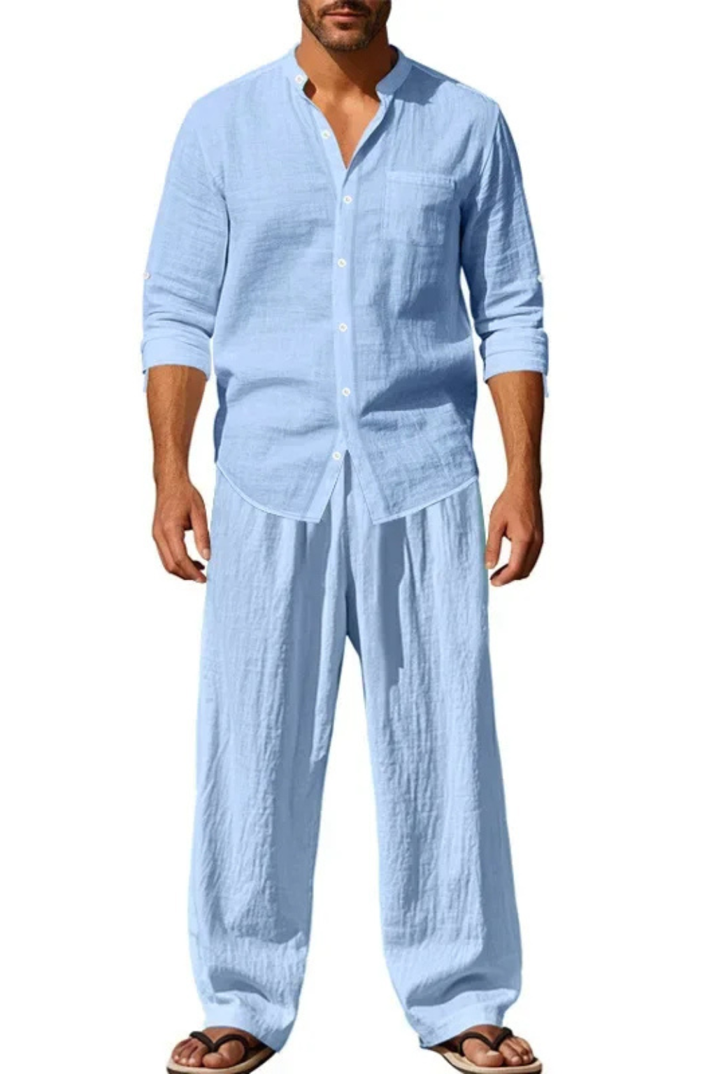 Men Grandad Collar Long Sleeve Linen Shirt and Straight Leg Trousers Set