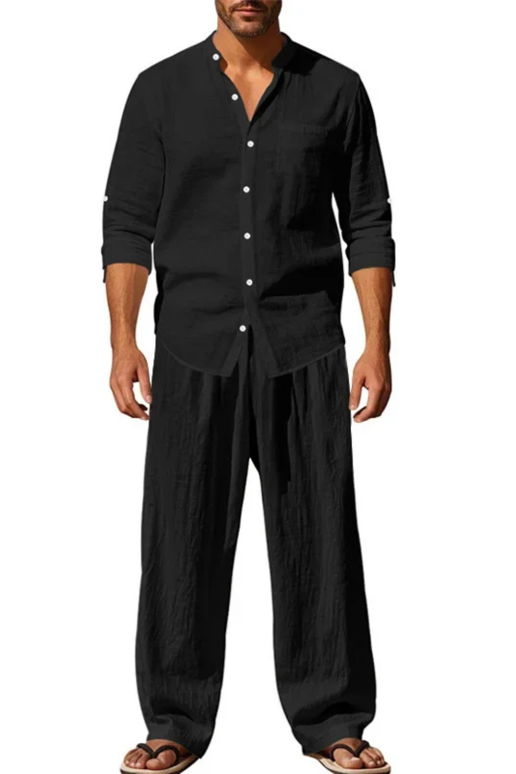 Men Grandad Collar Long Sleeve Linen Shirt and Straight Leg Trousers Set