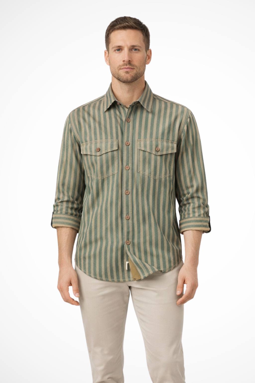 Men Washed Striped Shirt Loose Fit Long Sleeve Blouse