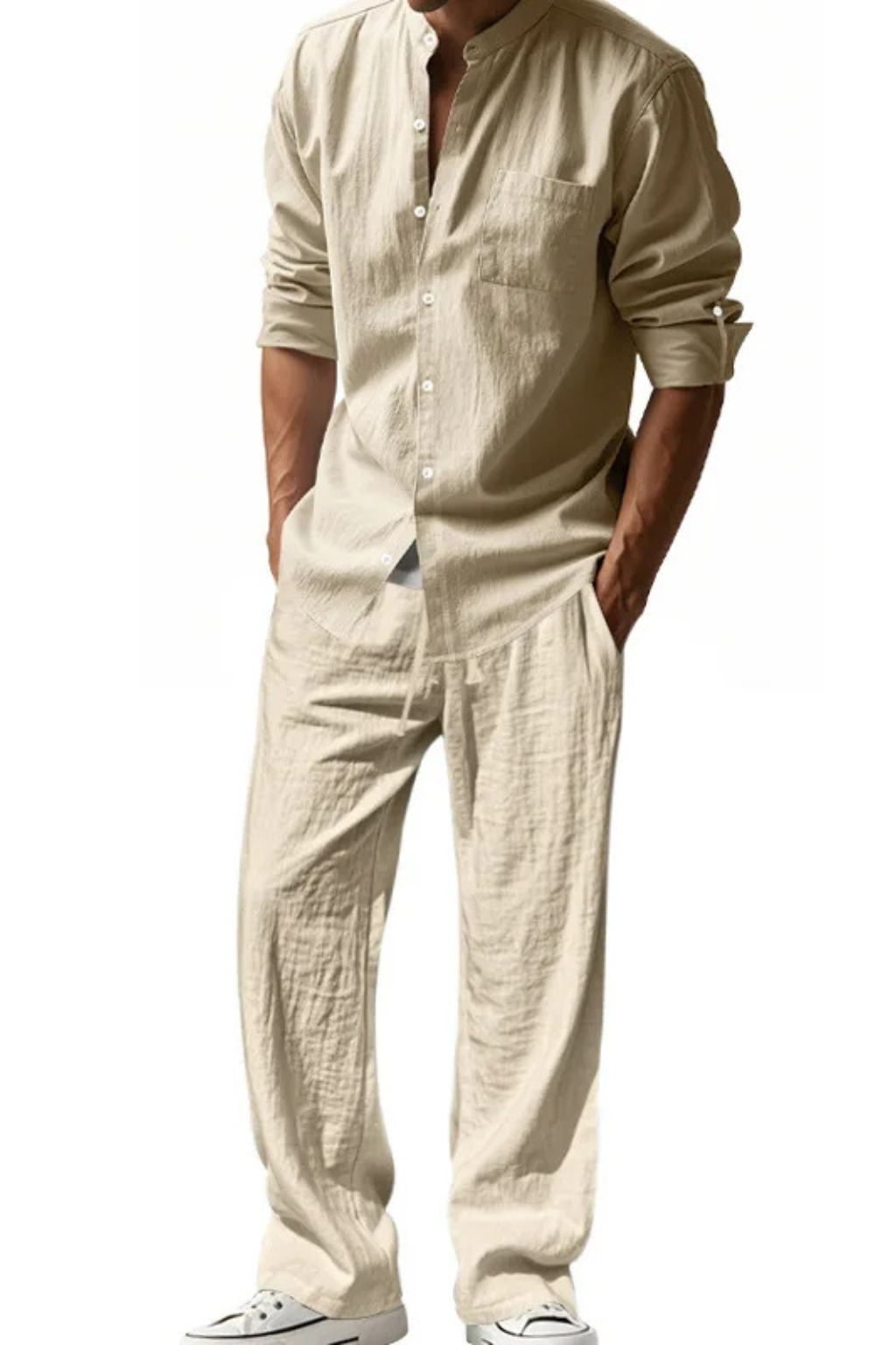 Men Grandad Collar Long Sleeve Linen Shirt and Straight Leg Trousers Set