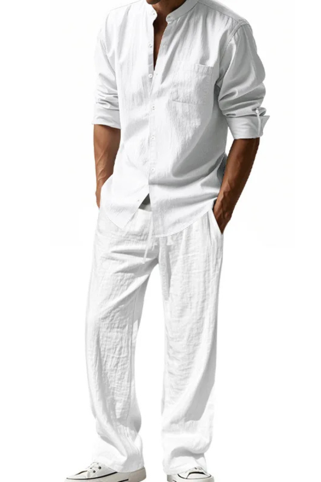 Men Grandad Collar Long Sleeve Linen Shirt and Straight Leg Trousers Set