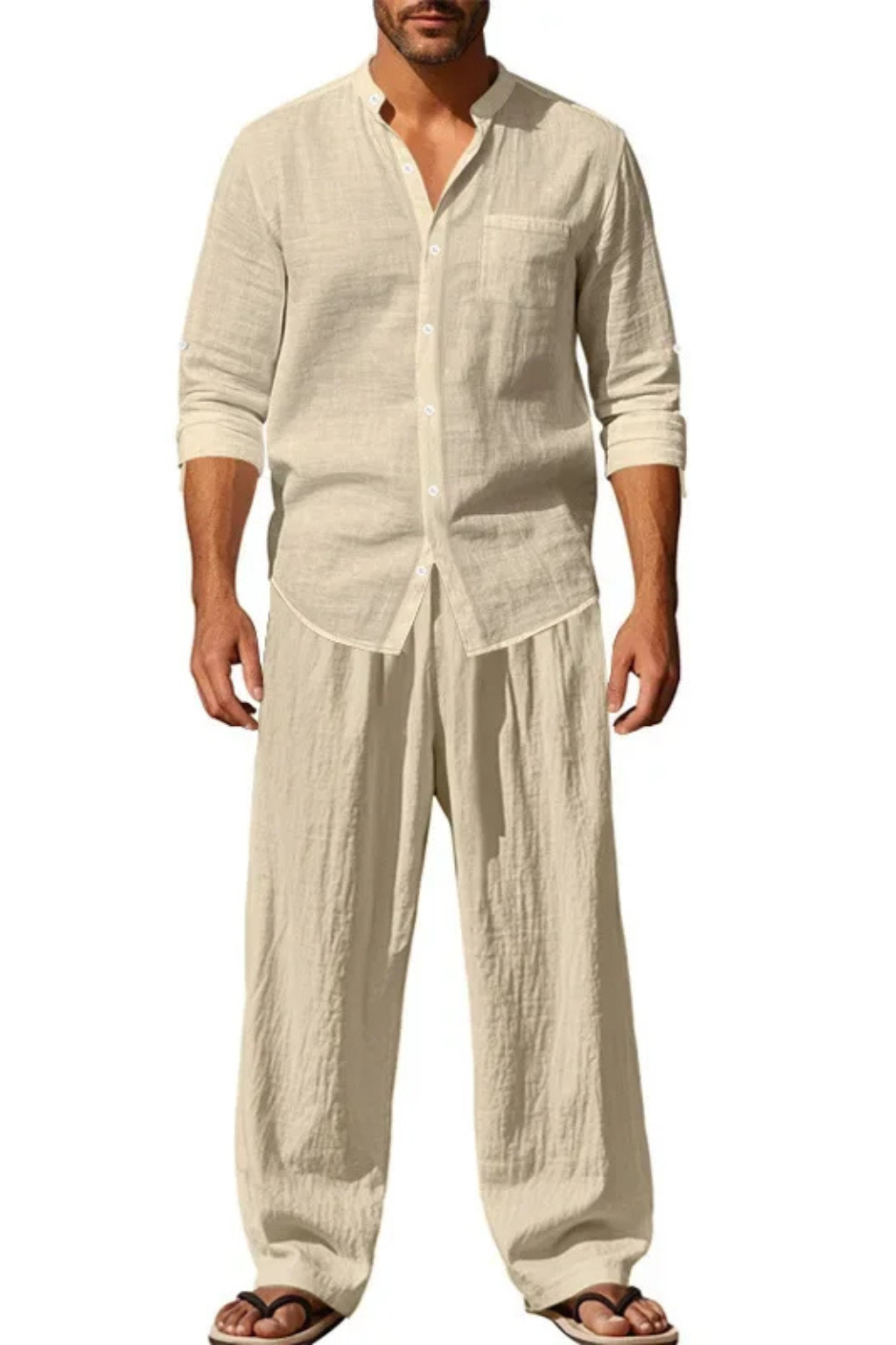 Men Grandad Collar Long Sleeve Linen Shirt and Straight Leg Trousers Set