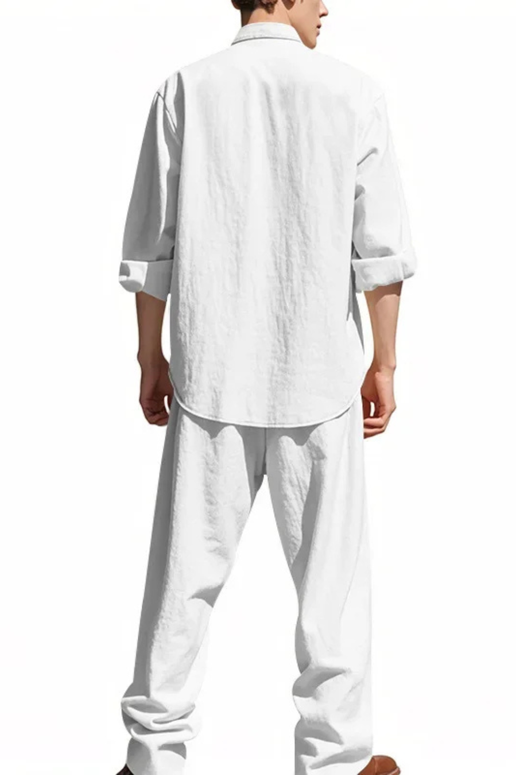 Men Grandad Collar Long Sleeve Linen Shirt and Straight Leg Trousers Set