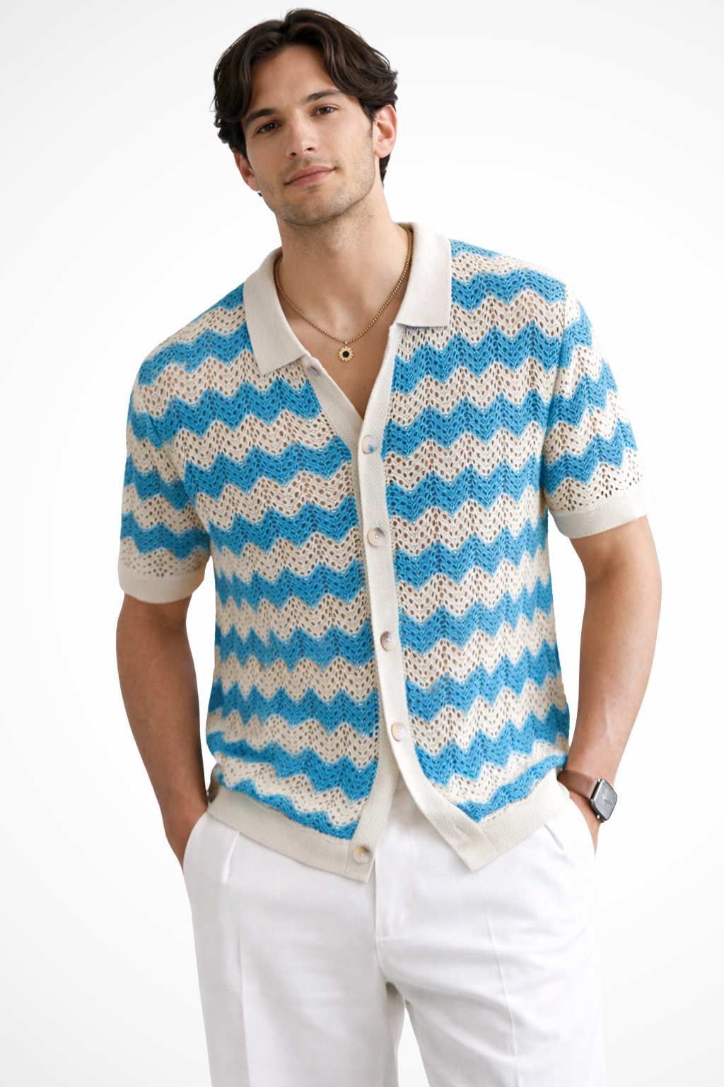 Men Short Sleeve Button Front Zigzag Crochet Knit Polo Shirt