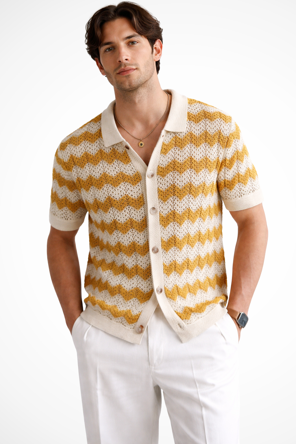 Men Short Sleeve Button Front Zigzag Crochet Knit Polo Shirt