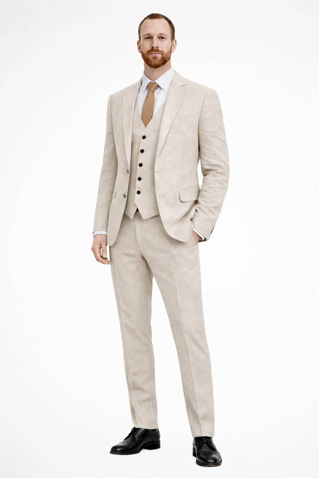 Men Linen Three Piece Wedding Guest Suit Blazer Trousers and Waistcoat Set