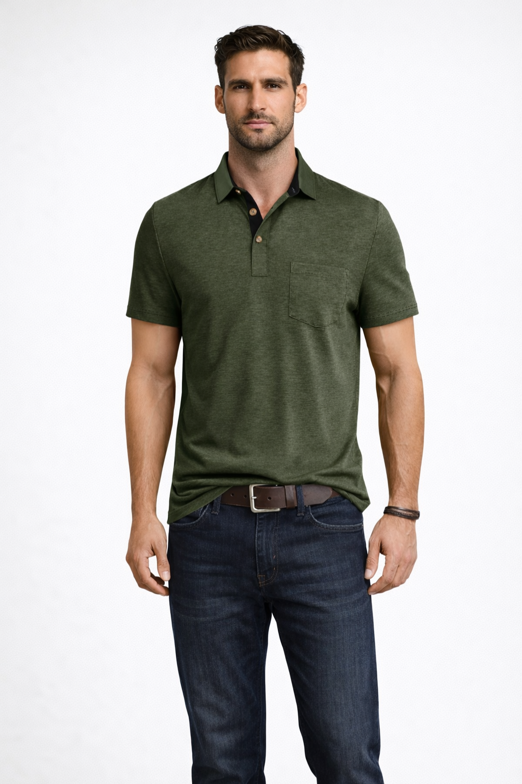 Men Contrast Collar Short Sleeve Polo Shirt with Pocket