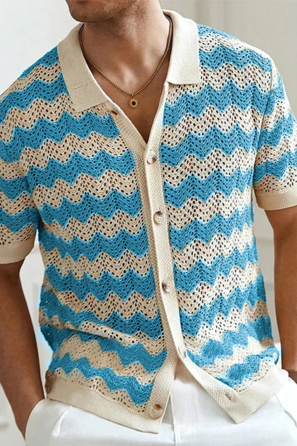 Men Short Sleeve Button Front Zigzag Crochet Knit Polo Shirt