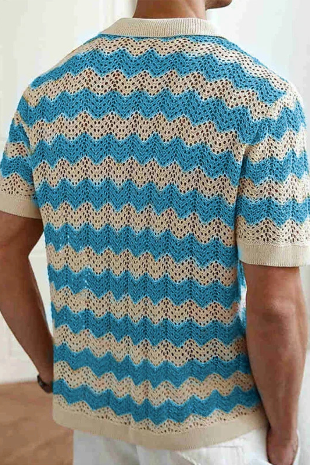 Men Short Sleeve Button Front Zigzag Crochet Knit Polo Shirt