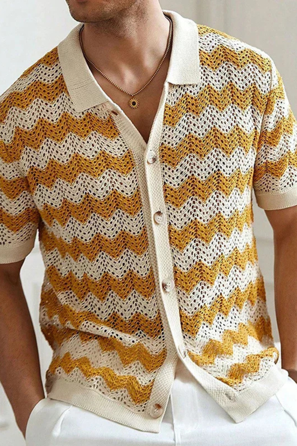 Men Short Sleeve Button Front Zigzag Crochet Knit Polo Shirt