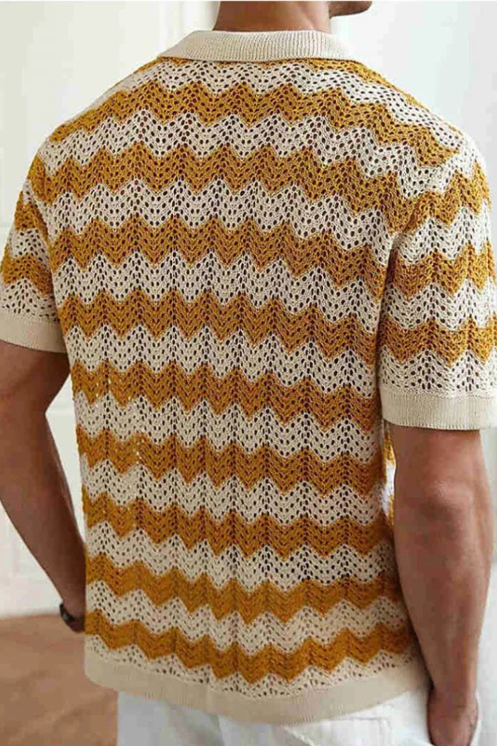 Men Short Sleeve Button Front Zigzag Crochet Knit Polo Shirt