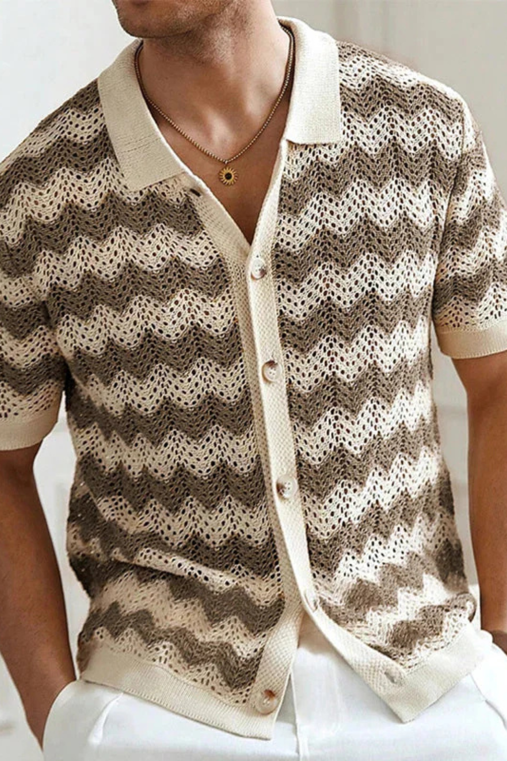 Men Short Sleeve Button Front Zigzag Crochet Knit Polo Shirt