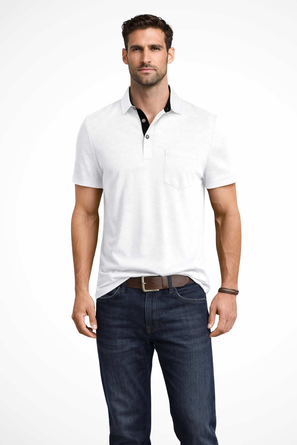 Men Contrast Collar Short Sleeve Polo Shirt with Pocket