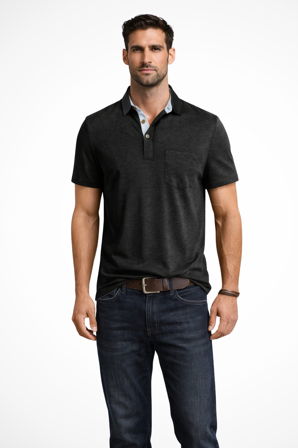 Men Contrast Collar Short Sleeve Polo Shirt with Pocket