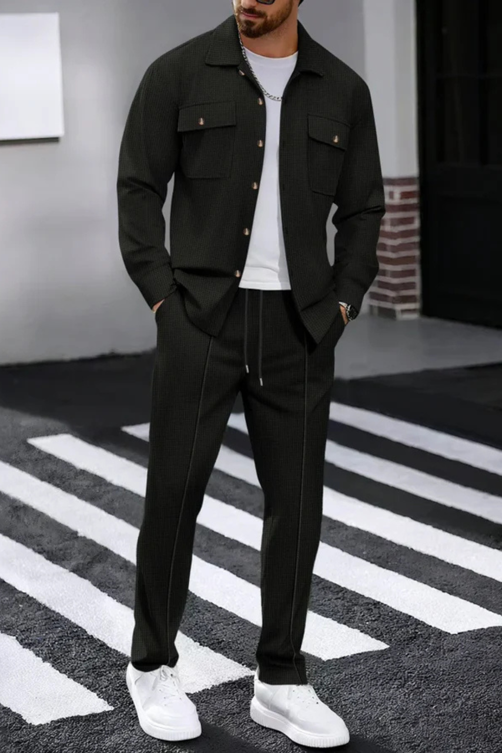 Men Long Sleeve Chest Pocket Overshirt and Straight Leg Trousers Set