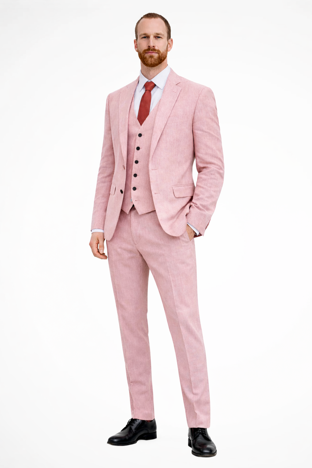 Men Linen Three Piece Wedding Guest Suit Blazer Trousers and Waistcoat Set