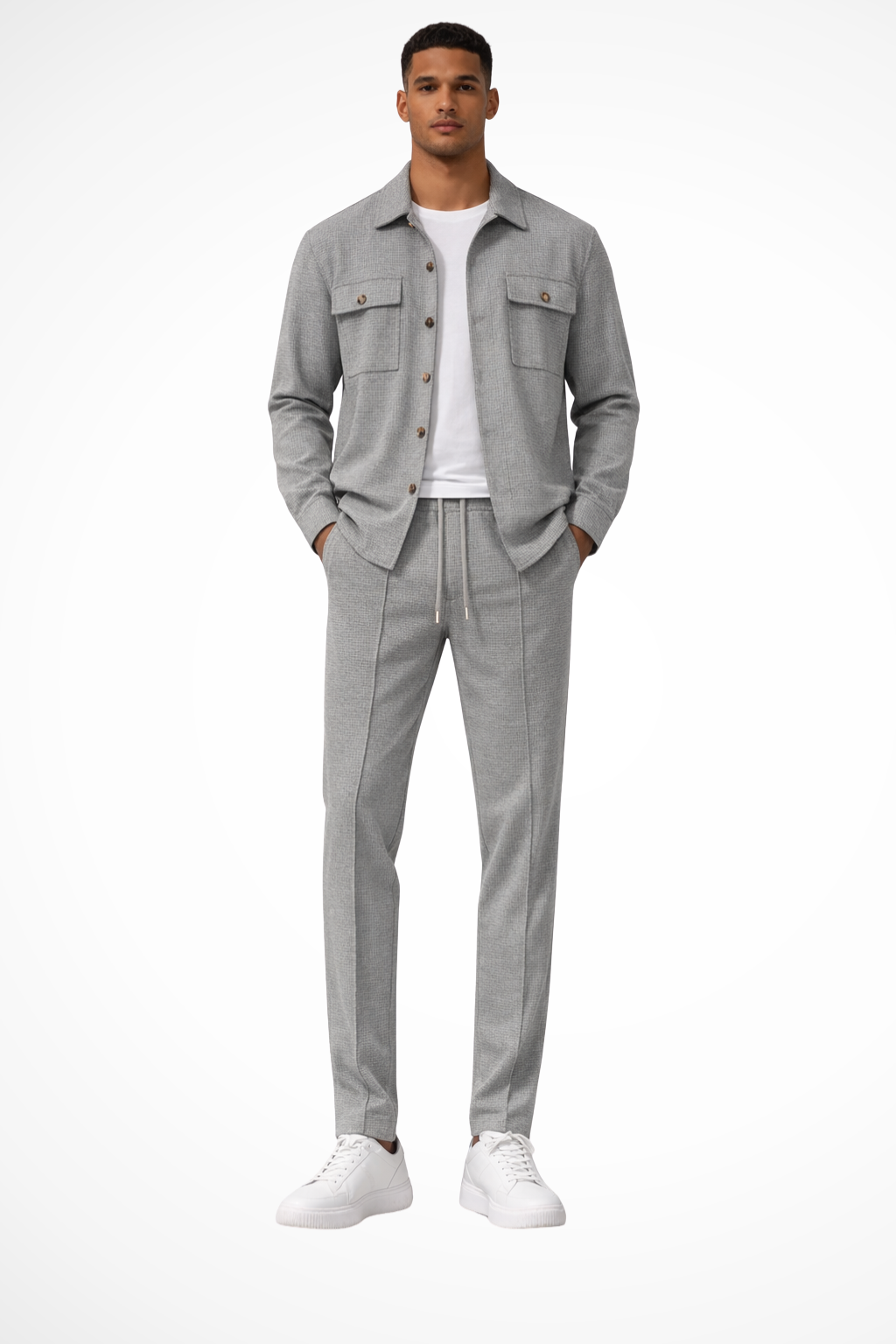 Men Long Sleeve Chest Pocket Overshirt and Straight Leg Trousers Set