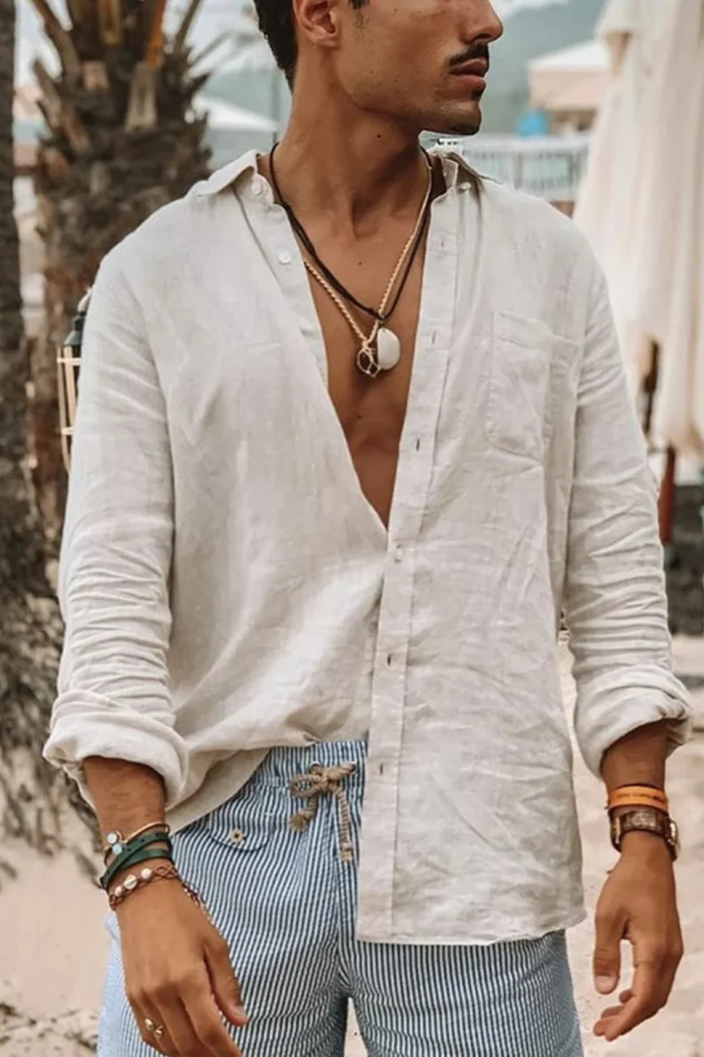 Men Relaxed Fit Long Sleeve Linen Button Down Shirt