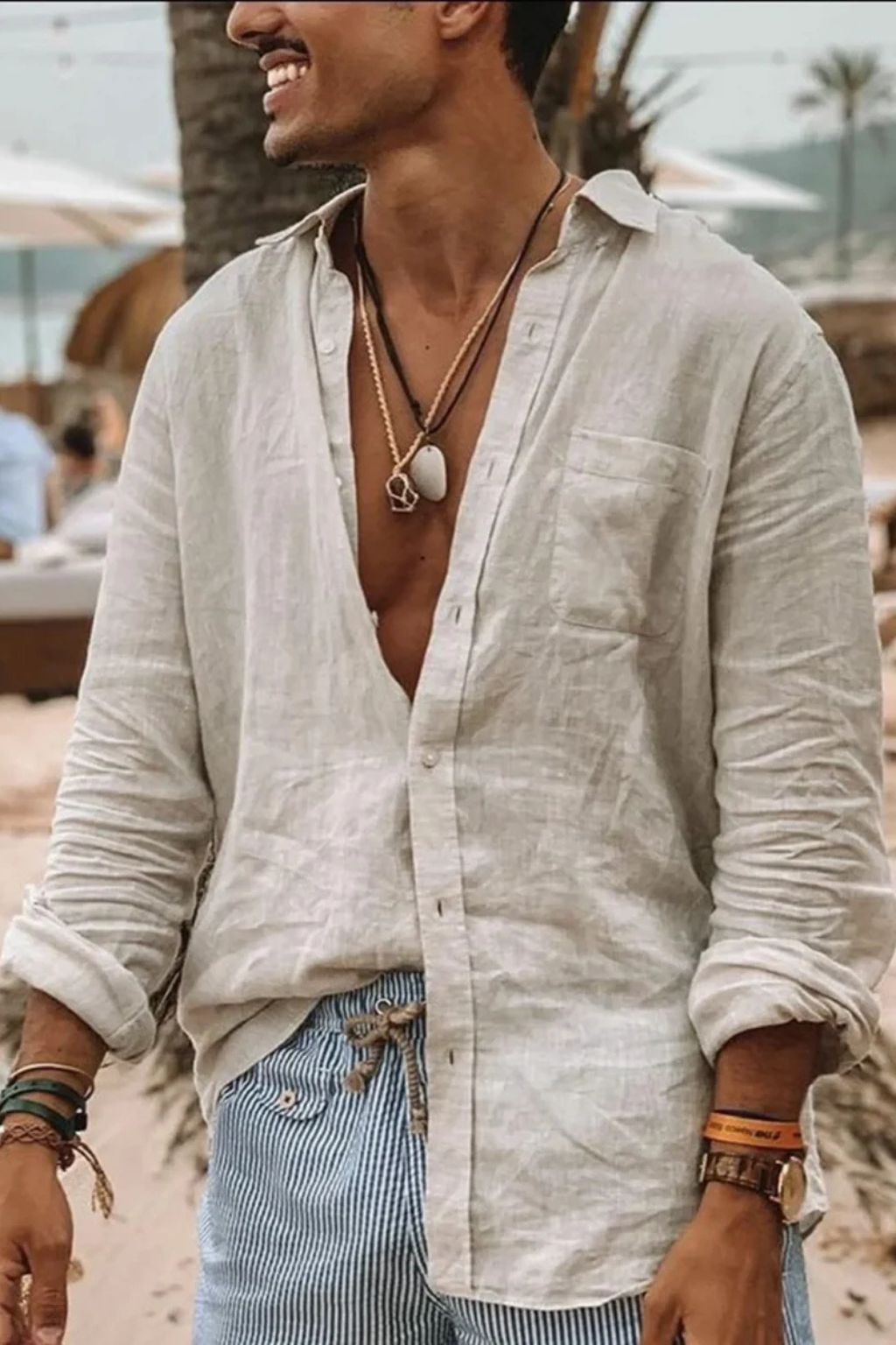 Men Relaxed Fit Long Sleeve Linen Button Down Shirt