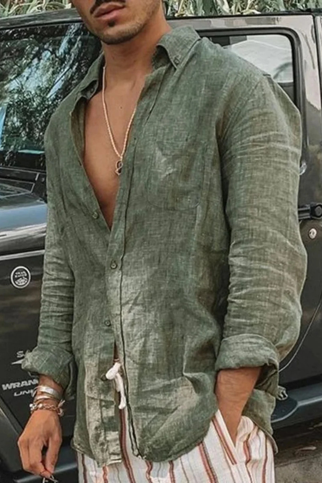 Men Relaxed Fit Long Sleeve Linen Button Down Shirt