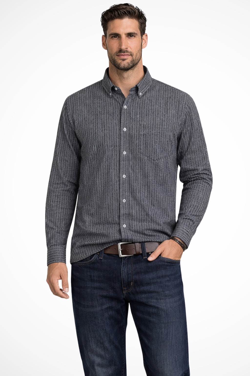 Men Striped Long Sleeve Button Down Formal Shirt