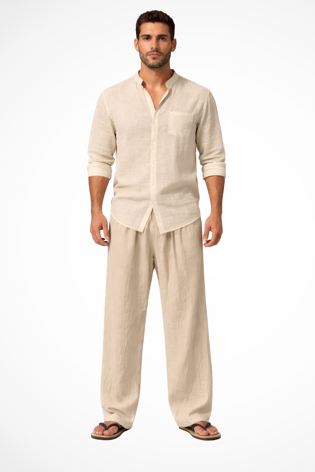 Men Grandad Collar Long Sleeve Linen Shirt and Straight Leg Trousers Set