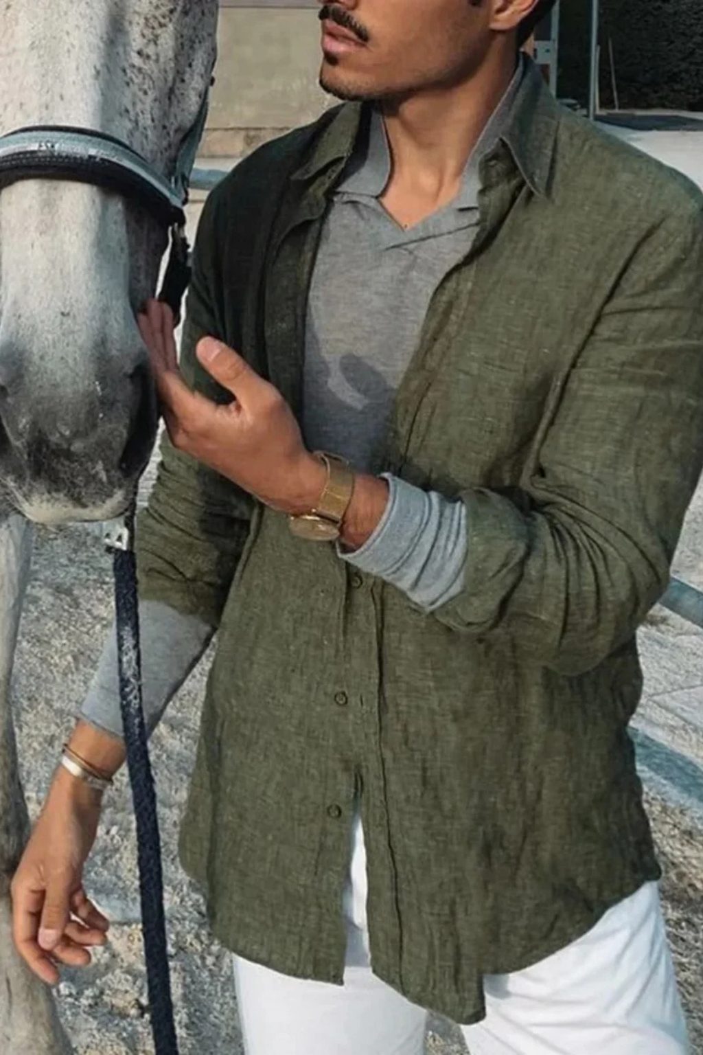 Men Relaxed Fit Long Sleeve Linen Button Down Shirt