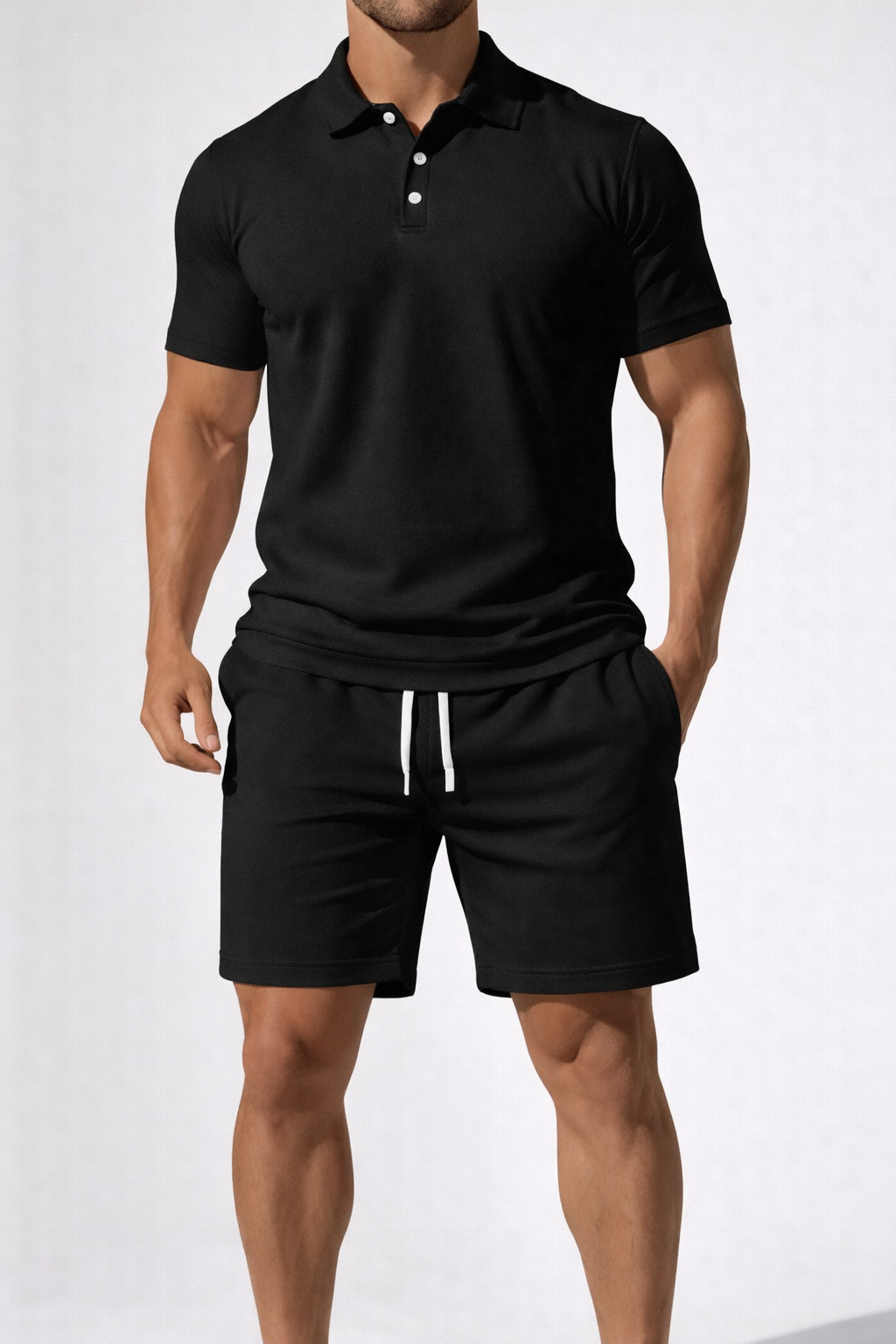 Men Short Sleeve Polo Shirt and Drawstring Shorts Summer Outfit Set