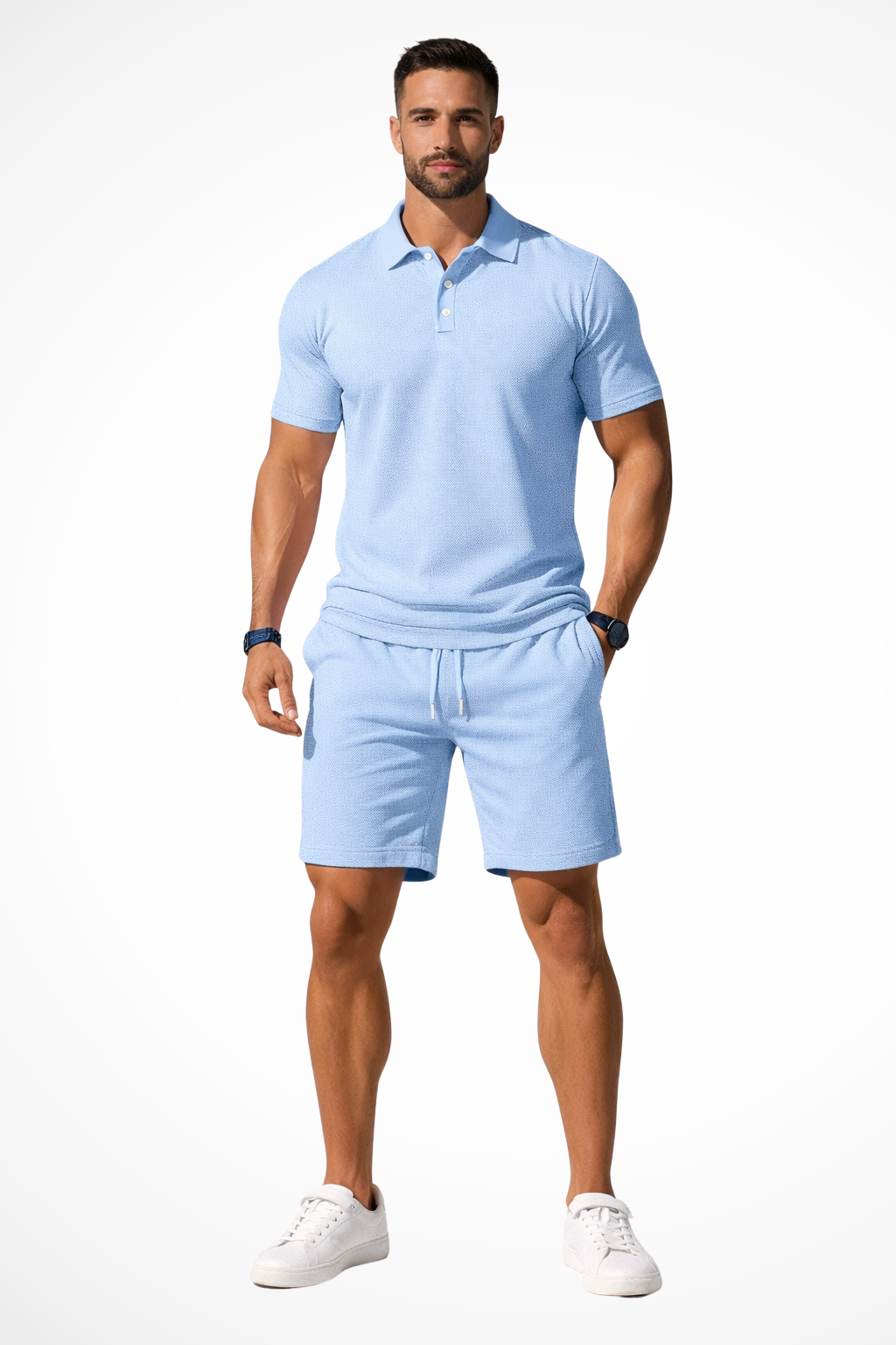 Men Textured Polo and Shorts Summer Set
